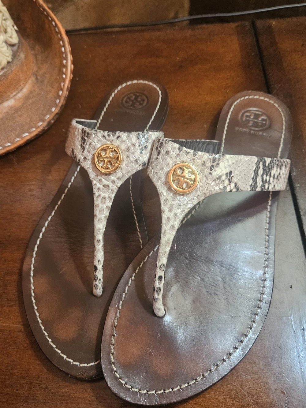Tory Burch Brown Leather Snake-Print Thong Sandals with Gold Logo